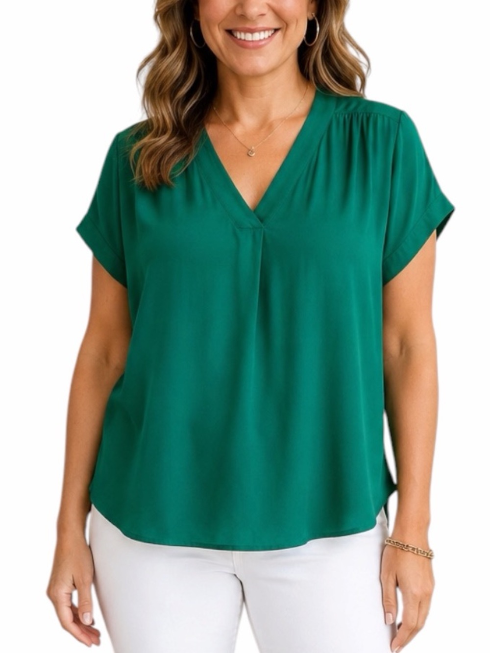 Nine West Woven Blouse Size XL Relaxed V Neck Cap Sleeve Solid Emerald Green Top